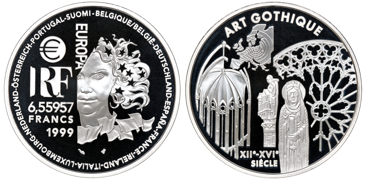 Франция 1 евро = 6,55957 франков 2000 готический стиль в архитектуре (XII-XVI веков) в оригинальной коробке, с сертификатом KM 1246 серебро PROOF 4-3-3-11