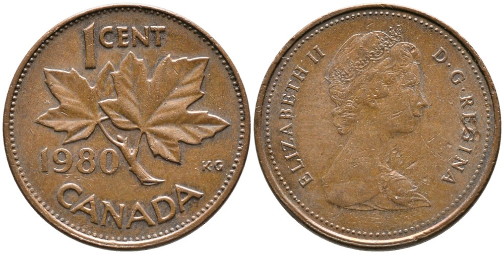 Канада 1 цент 1980 Елизавета II (1952-2022), кленовый лист KM 127 бронза 4528-747