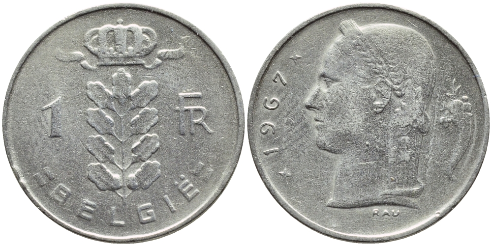 БЕЛЬГИЯ 1 ФРАНК 1967 BELGIE KM 143.1 медно-никель 4388-913