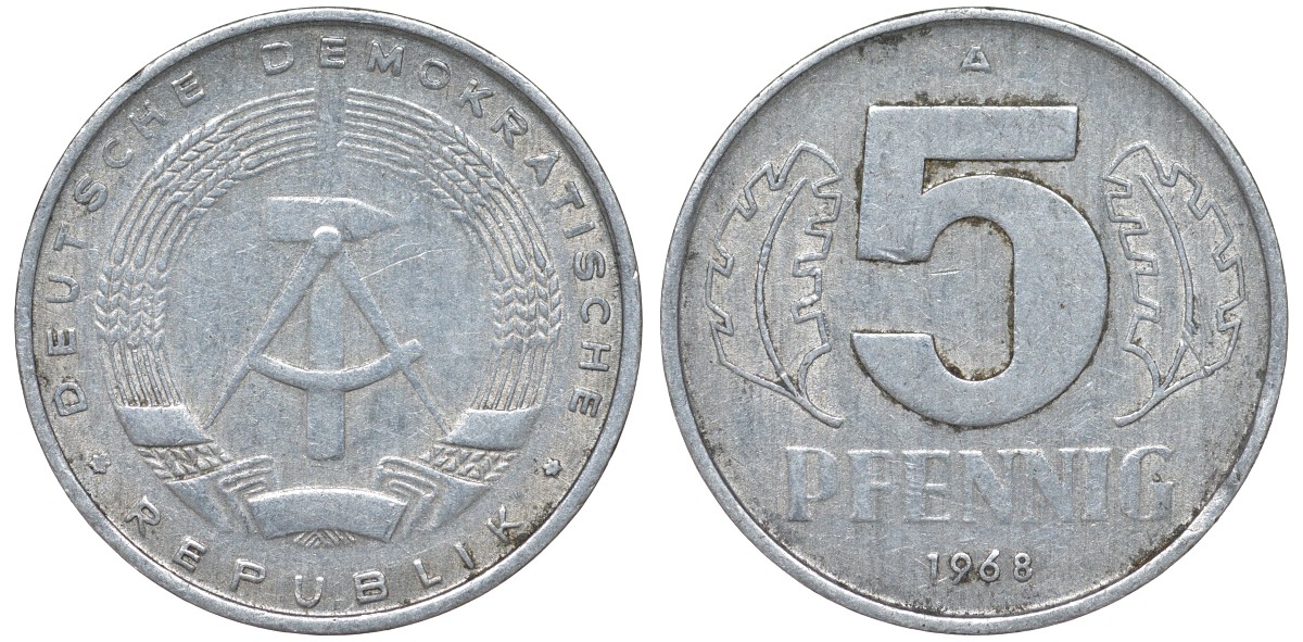 ГДР 5 ПФЕННИГОВ 1968 A KM 9.1 алюминий 62-111