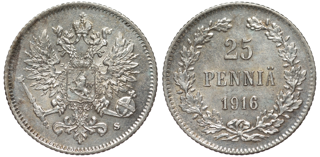 Россия для Финляндии 25 пенни 1916 S, Николай II (1894-1917) KM 6.2, Биткин 421 серебро 75-1319