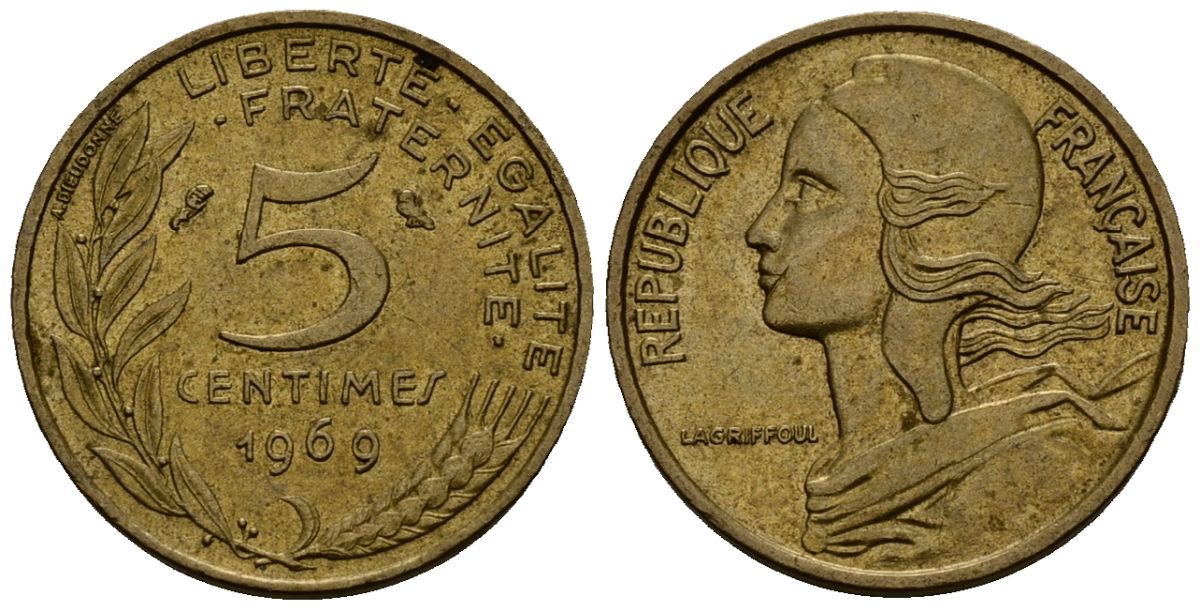 Франция 5 сантимов 1969 KM 933 алюминиевая бронза 4136-744