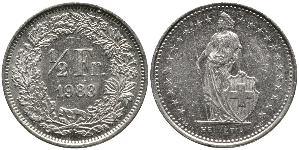 ШВЕЙЦАРИЯ 1/2 ФРАНКА 1983 KM 23а.3 медно-никель 4528-564
