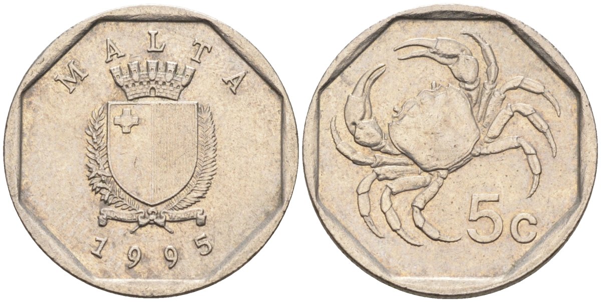 Мальта 5 центов 1993 краб KM 95 медно-никель 4588-126