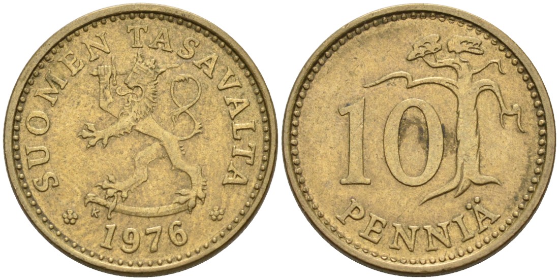 ФИНЛЯНДИЯ 10 ПЕННИ 1976 K KM 46 алюминиевая бронза 192-1041