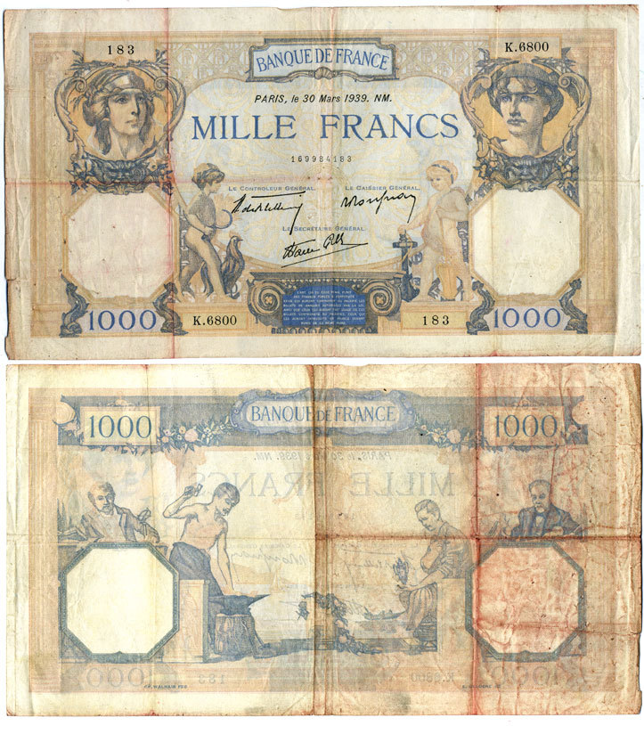 ФРАНЦИЯ 1000 ФРАНКОВ 1939 30 МАРТА 1939 Pick 90с бумага 444-12-1