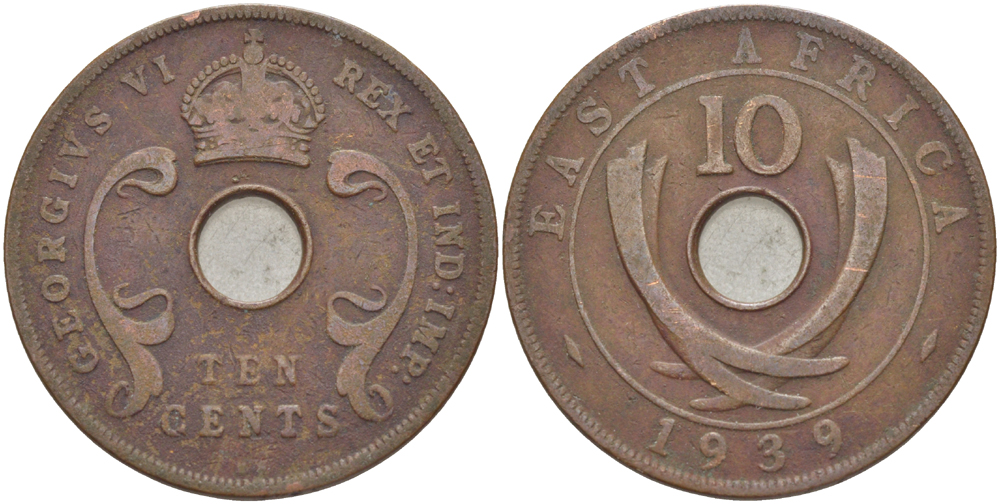 Британская Восточная Африка 10 центов 1939 Георг VI (1936-1952) KM 26.1 бронза 3333-1142