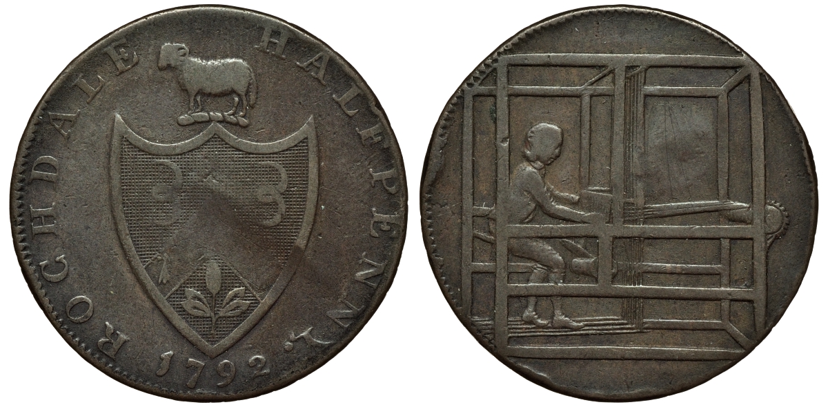 ИРЛАНДИЯ 1/2 ПЕННИ 1792 LANCASHIRE ТОКЕН ROCHDALE, ПУСТЬ ПРОЦВЕТАЮТ РЕМЕСЛА , ТКАЧ медь 441-225
