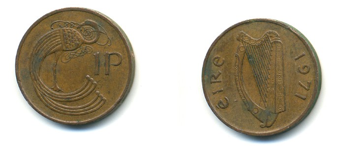 ИРЛАНДИЯ 1 ПЕННИ 1971 ПТИЧКА KM 20 бронза 4364-846