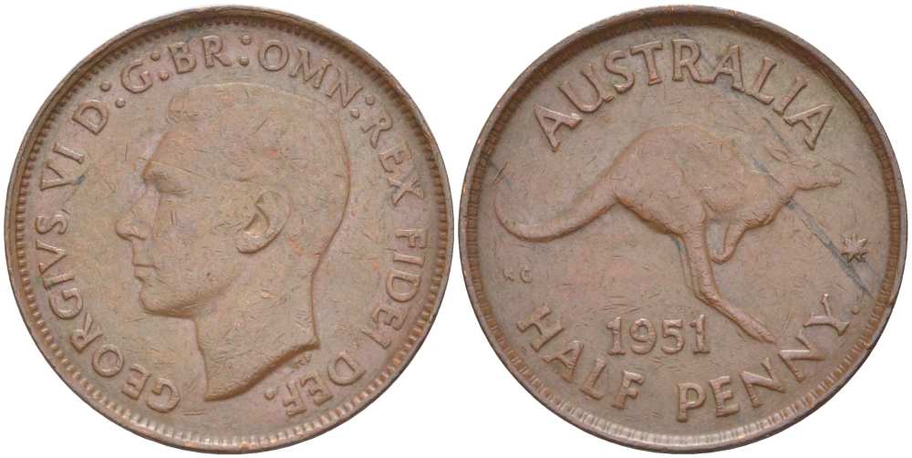 Австралия 1/2 пенни 1951 p, Георг VI (1936-1952), кенгуру, с точкой KM 42 бронза 4514-833