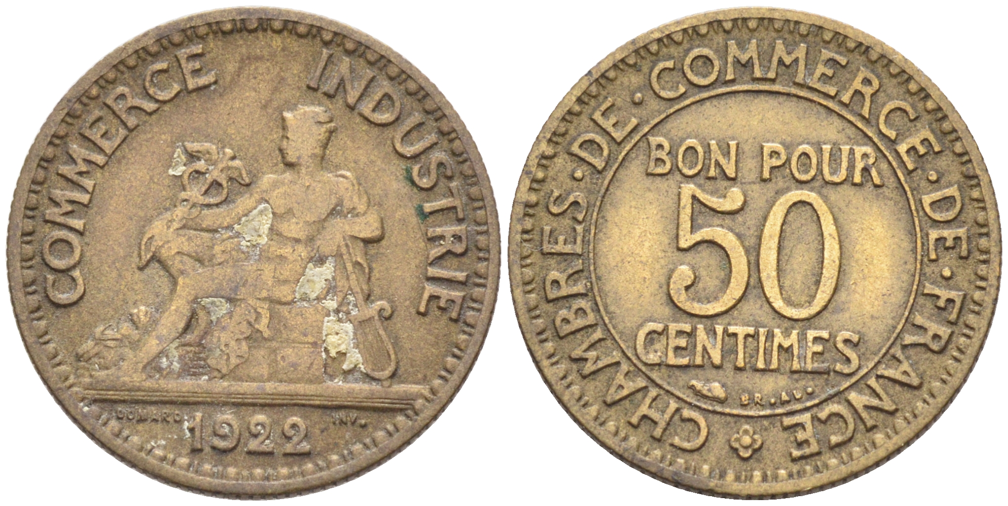 Франция 50 сантимов 1922 тип Chambre de Commerce KM 884, Le Franc 191.5 алюминиевая бронза 4588-352