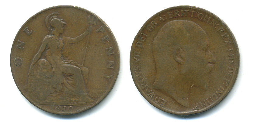 Великобритания 1 пенни 1910 Эдуард VII (1901-1910) KM 794.2, Spink 3990 бронза 89-842