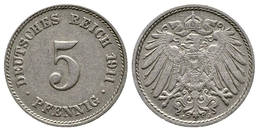 Германия 5 пфеннигов 1911 J KM 11, Jager 12, Weege 6 медно-никель 4380-142