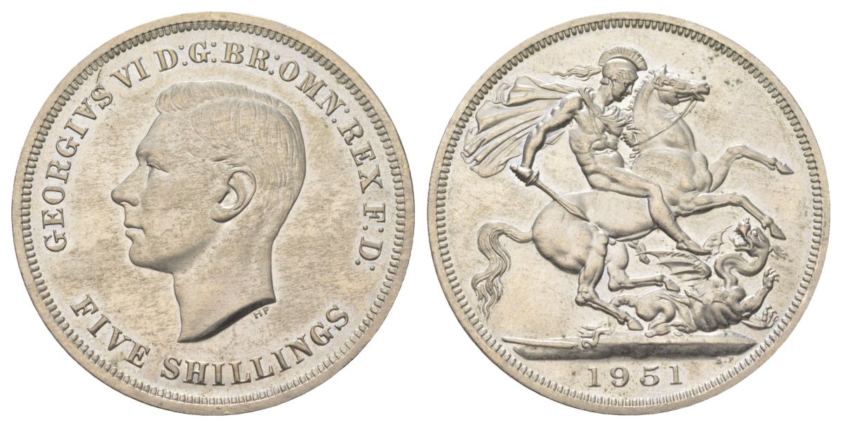 Великобритания 1 крона (5 шиллингов) 1951 Георг VI (1936-1952), фестиваль Британии, Георгий Победоносец KM 880, Spink 4111 медно-никель UNC 00-1067-6-42