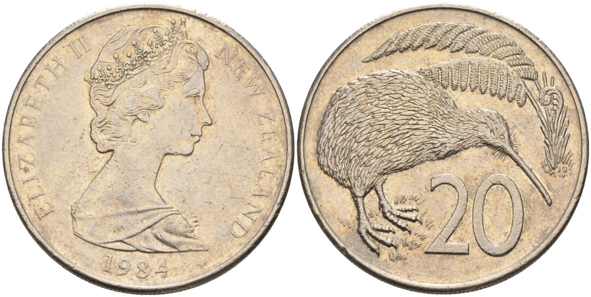 Новая Зеландия 20 центов 1984 Елизавета II (1952-2022), птичка киви KM 36.1 медно-никель 4131-1142