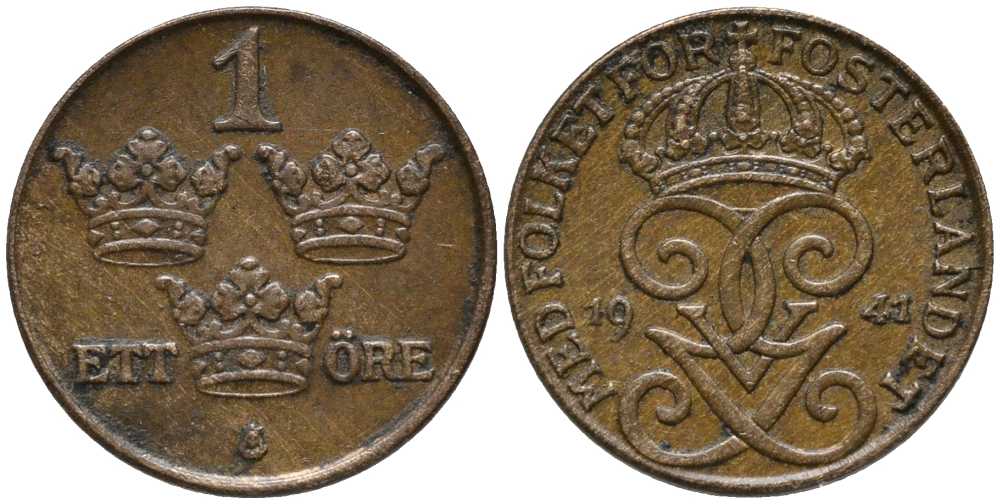 Швеция 1 эре 1941 Густав V (1907-1950) KM 777.2 бронза 201-1139