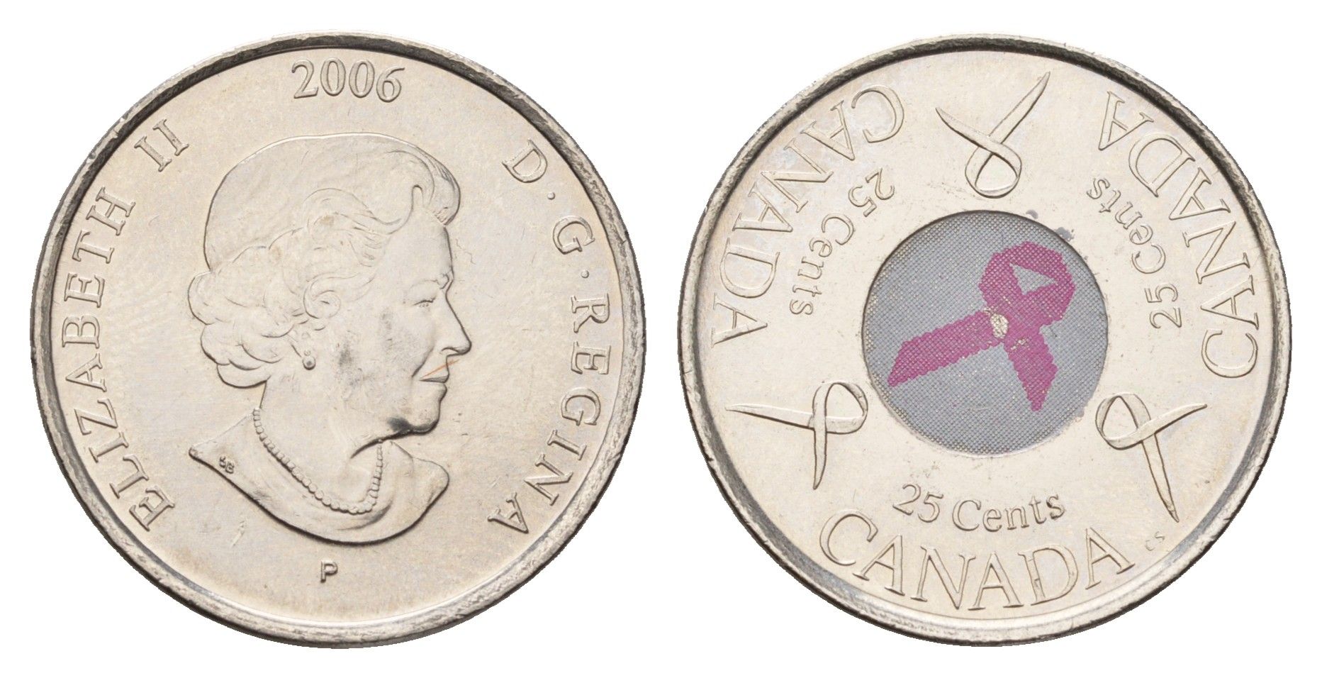 Канада 25 центов 2006 Розовая ленточка - Борьба с раком молочной железы KM 635 сталь плакированная никелем UNC 4678-1152