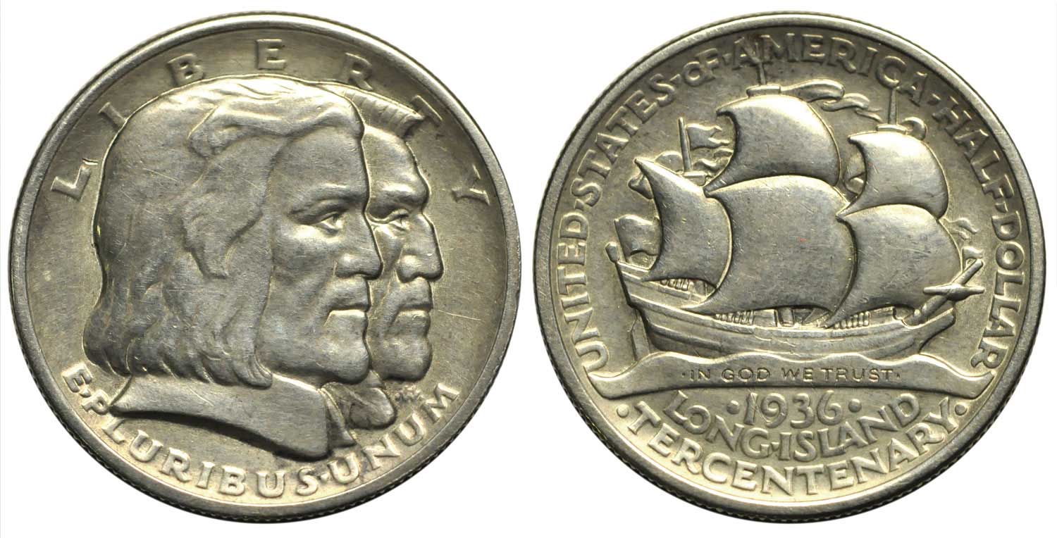 США 1/2 доллара (50 центов) 1936 300 лет Лонг-Айленду KM 182 серебро    00-809-11