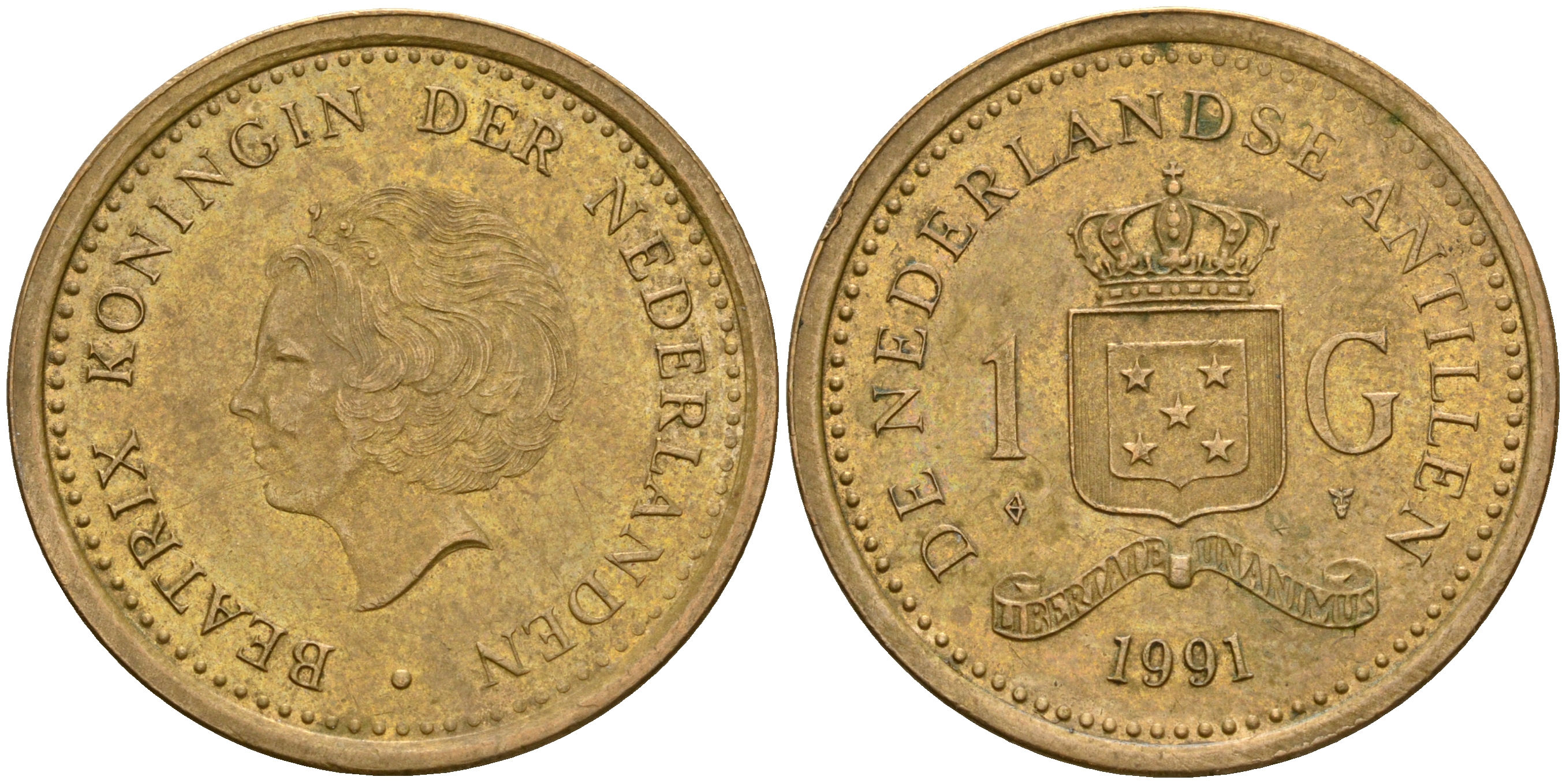 Нидерландские Антилы 1 гульден 1991 Беатрикс (1980-2013) KM 37 позолоченная сталь 25-1245