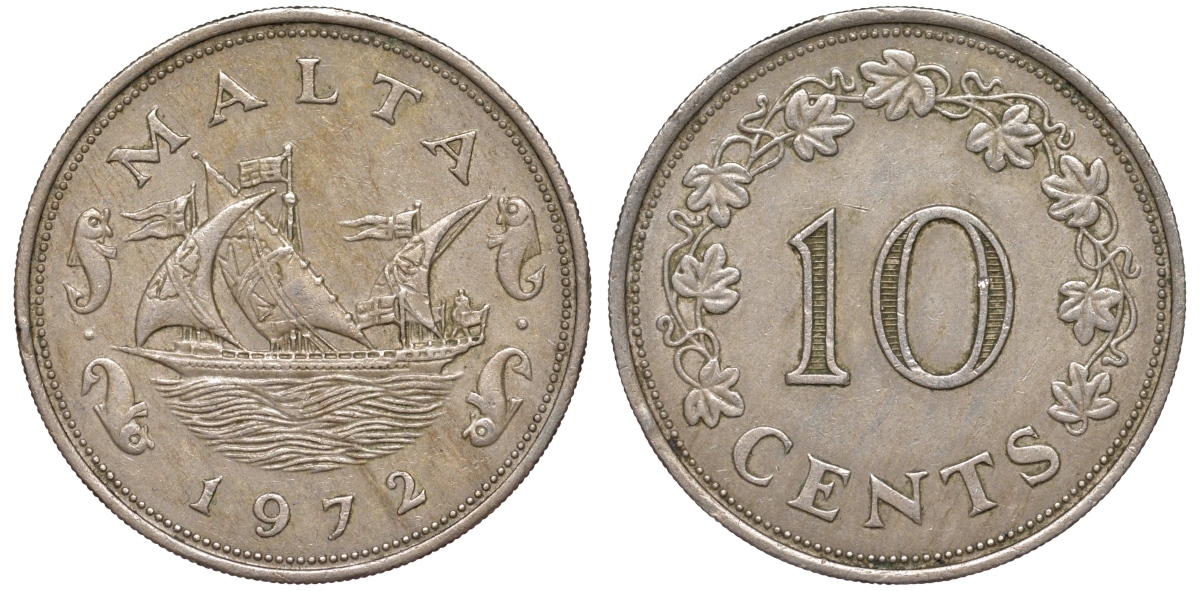 Мальта 10 центов 1972 баржа Великого магистра KM 11 медно-никель 4144-211