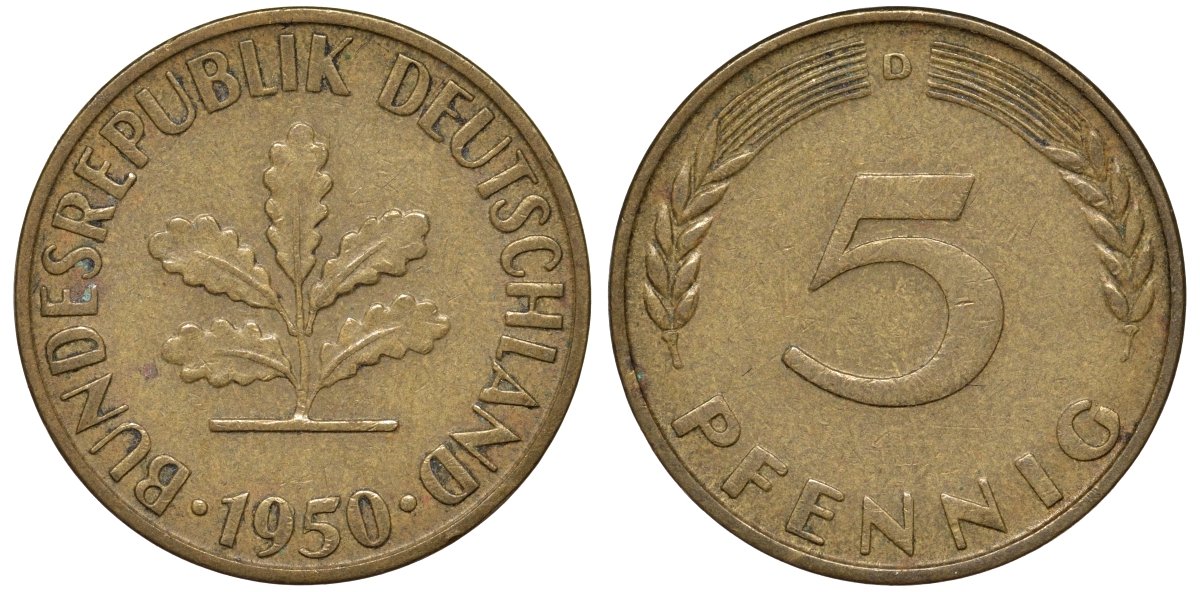 ФРГ 5 пфеннигов 1950 D KM 107, J.382 сталь плакированная латунью 4174-514
