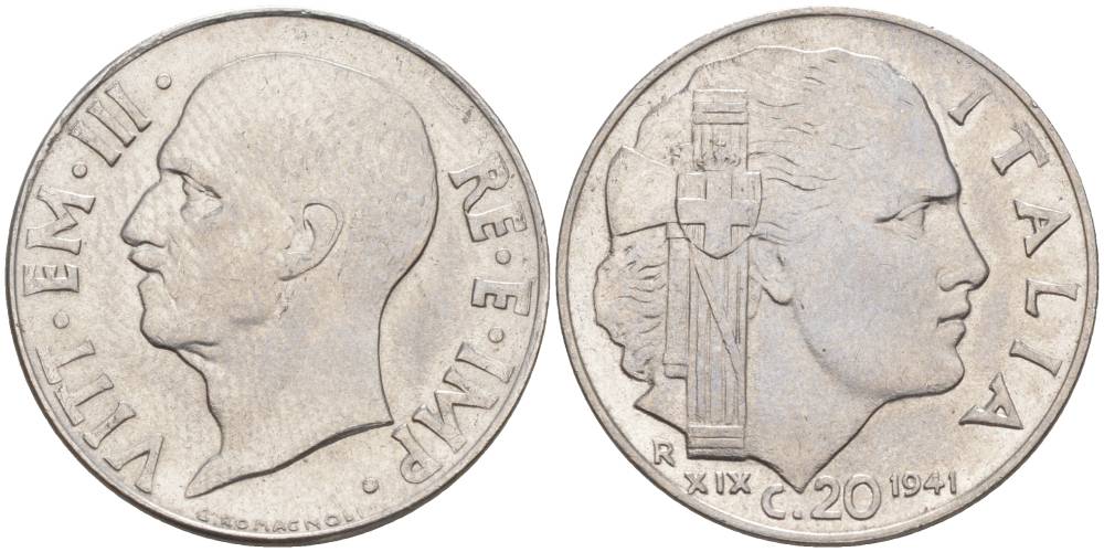 ИТАЛИЯ 20 ЧЕНТЕЗИМО 1941 R, ГОД XIX, ВИКТОР ЭММАНУИЛ III (1900-1946) KM 75b, VEM3. 1028 нержавеющая сталь 3853-952