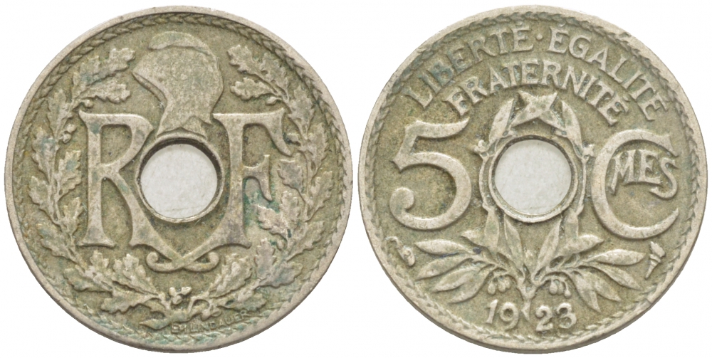 ФРАНЦИЯ 5 САНТИМОВ 1923 ТИП ЛИНДАЙЁ KM 875, LE FRANC 122.6 медно-никель 3309-1012