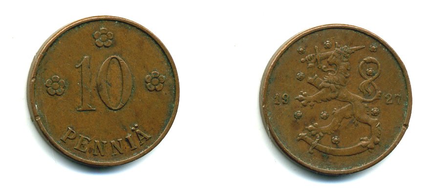 Финляндия 10 пенни 1927 республика (1918-1962) KM 24 медь 46-1613