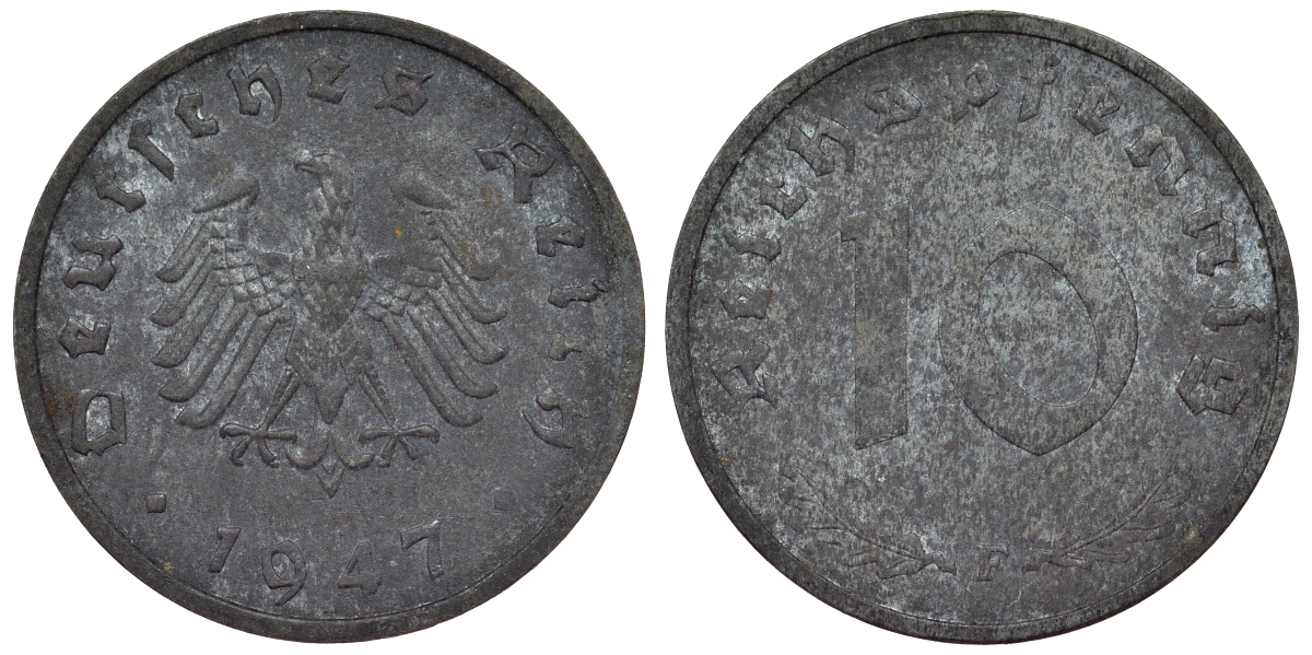 Германия 10 пфеннигов 1947 F, союзническая оккупация KM A 104 цинк 4119-432