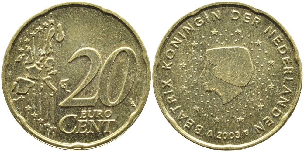 Нидерланды 20 евроцентов 2003 Беатрикс (1980-2013) KM 238 нордик UNC 08-1052