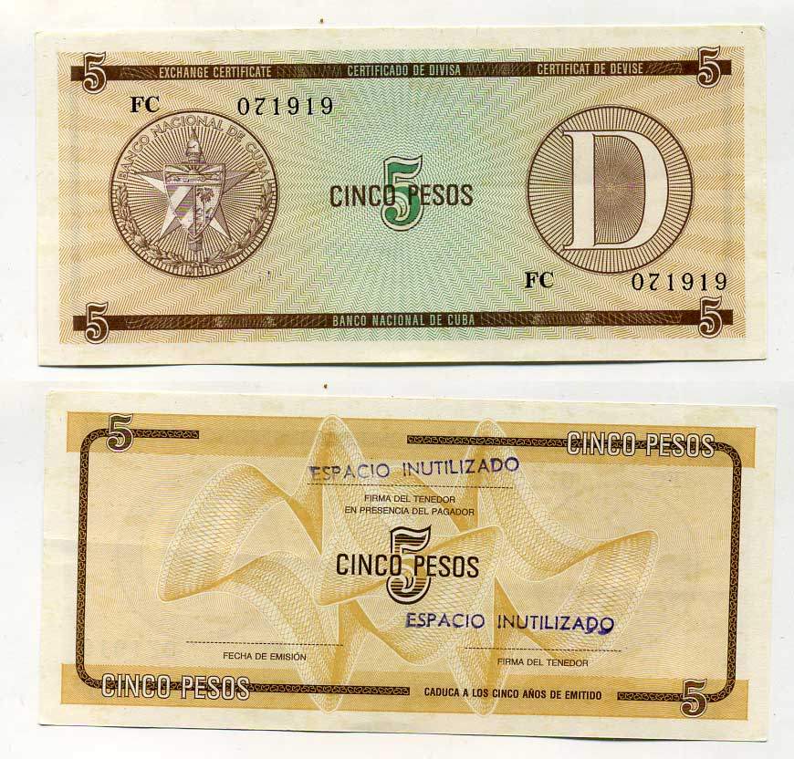 Куба, валютный сертификат 5 песо ND серия D, желтая, второй выпуск Pick FX 34 бумага aUNC 8616-42-1-1