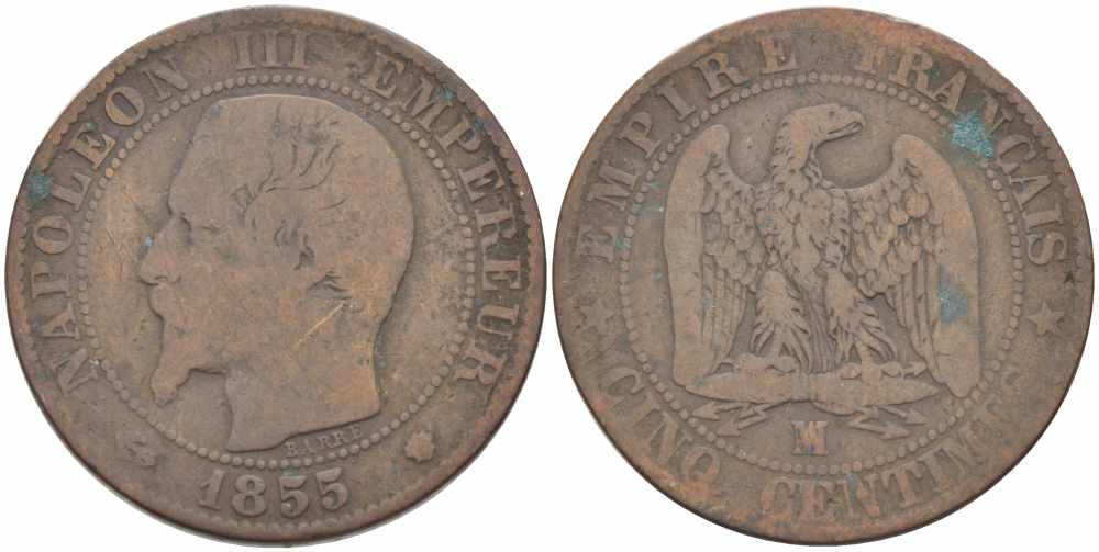 ФРАНЦИЯ 5 САНТИМОВ 1855 MA, НАПОЛЕОН III (1852-1870) KM 777.6, LE FRANC 116.27 бронза 108-333