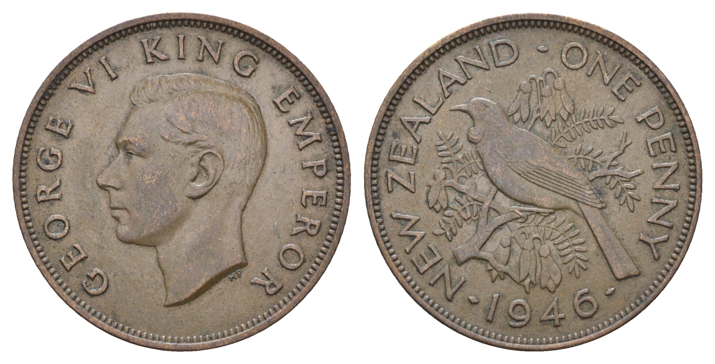 Новая Зеландия 1 пенни 1946 Георг VI (1936-1952), новозеландский туи KM 13 бронза    4403-1232