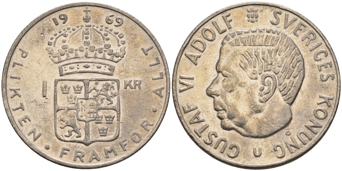 Швеция 1 крона 1969 U, Густав VI Адольф (1950-1973) KM 826a медь плакированный медно-никелем 4150-256