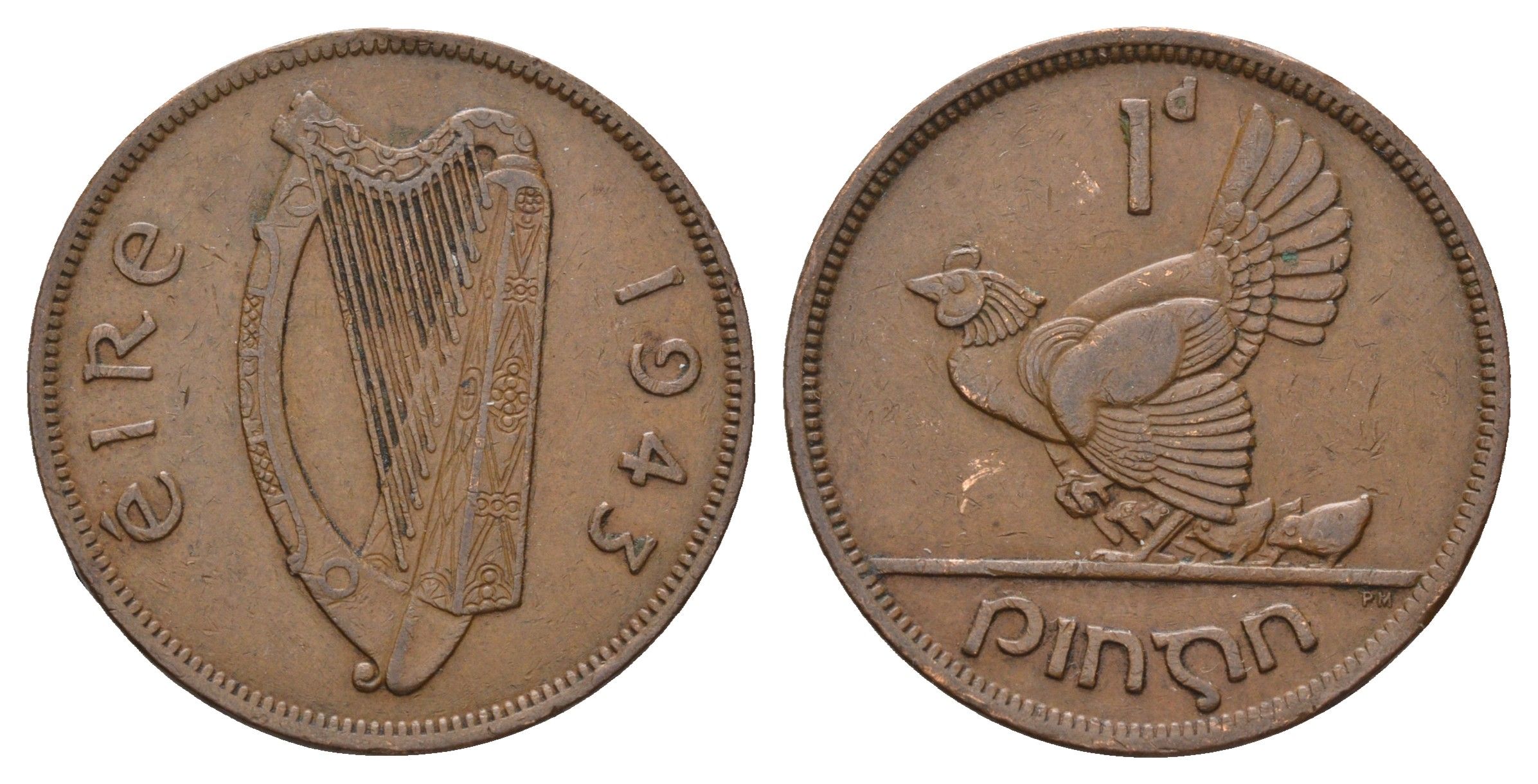 Ирландия 1 пенни 1943 курица с цыплятами KM 11 бронза 4672-811