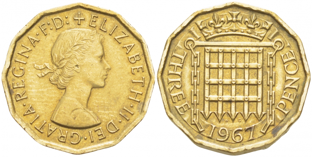 Великобритания 3 пенса 1967 Елизавета II (1952-2022) KM 900, Spink 4153 никель латунь 77-155