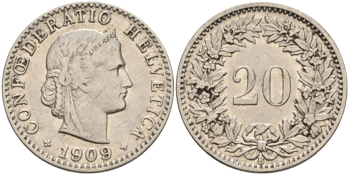 Швейцария 20 раппенов 1909 B KM 29 никель 4606-743