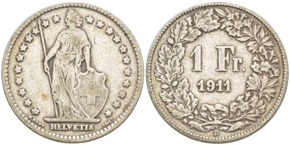 Швейцария 1 франк 1911 В KM 24 серебро 4544-353
