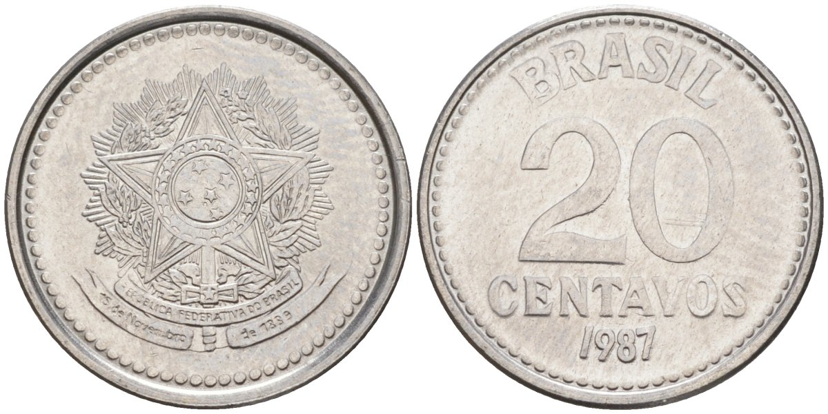 Бразилия 20 сентаво 1987 герб KM 603, Schon 112 нержавеющая сталь 187-534