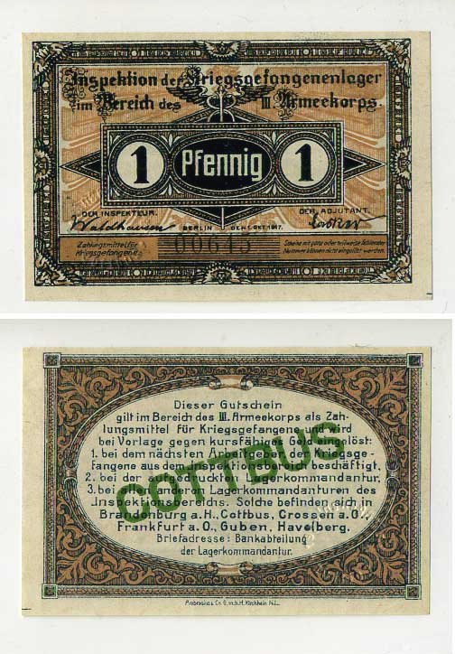 Германия 1 пфенниг 1917 инспекция лагерей военнопленных в Котбусе, III-ий Армейский корпус C-2832 бумага UNC (пресс) 504-79-2-1