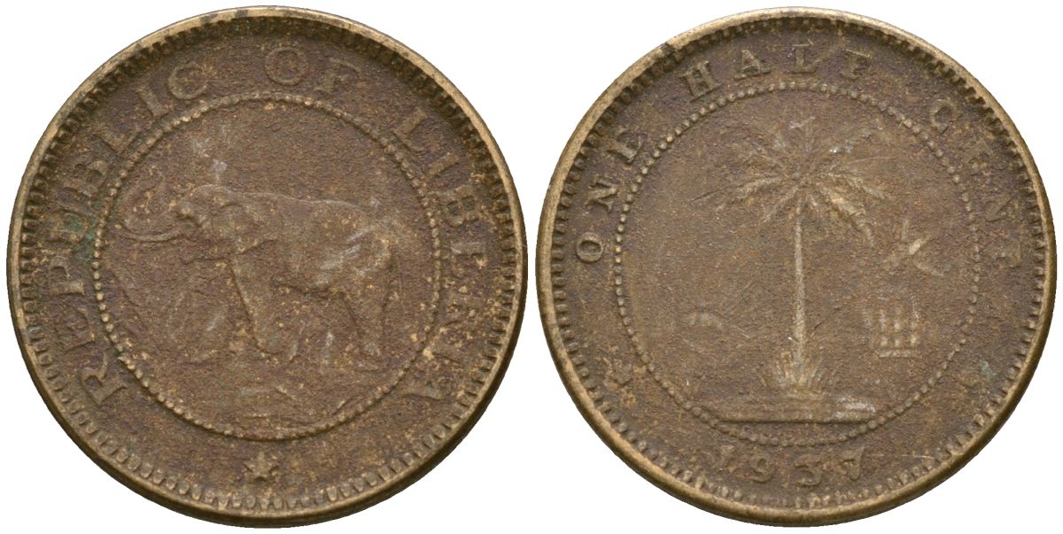 Либерия 1/2 цента 1937 KM 10 латунь 4174-354