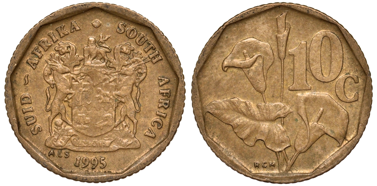 ЮАР 10 центов 1995 цветок KM 135 сталь плакированная латунью 4164-513