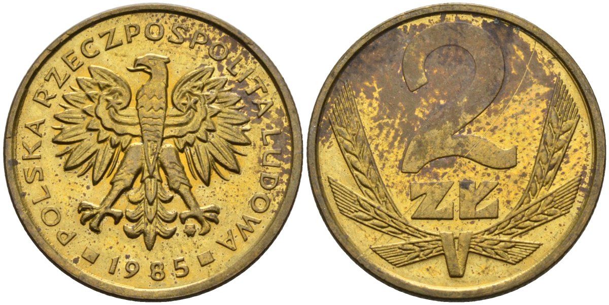 Польша 2 злотых 1985 MW, Народная Республика KM 80.1, Parchimowicz 217l латунь UNC 4580-751