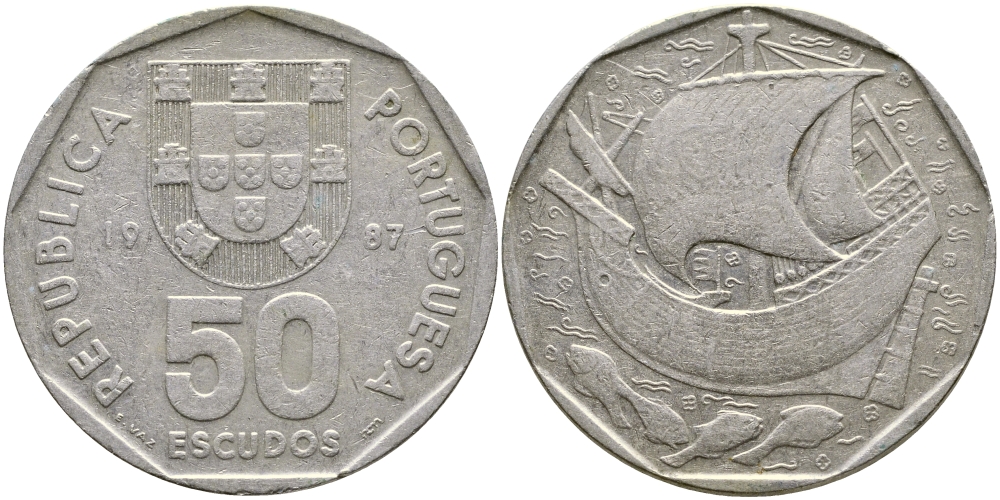 ПОРТУГАЛИЯ 50 ЭСКУДО 1987 KM 636 медно-никель 1524-835
