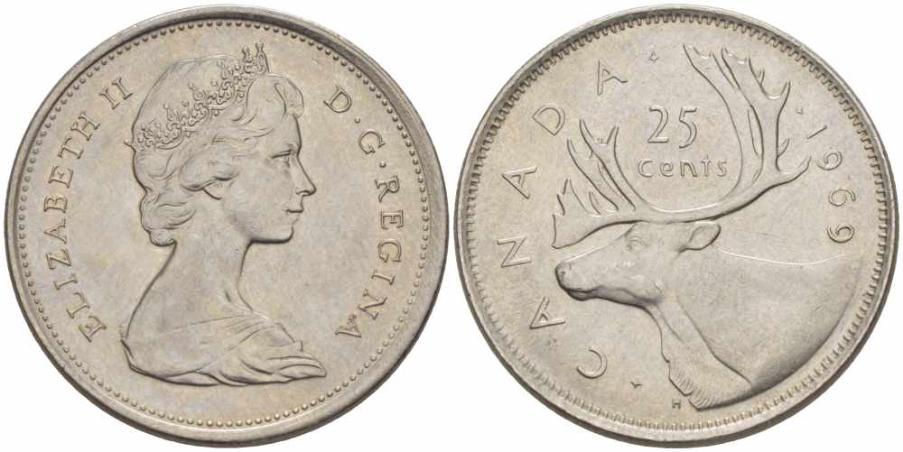 Канада 25 центов 1969 Елизавета II (1952-2022), олень KM 62 b никель 108-1144