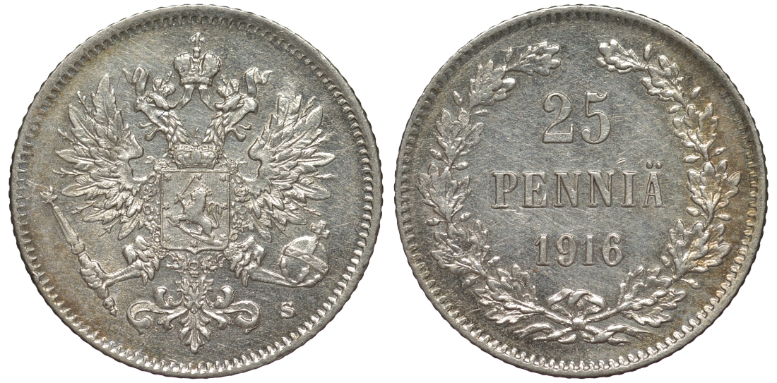 Россия для Финляндии 25 пенни 1916 S, Николай II (1894-1917) KM 6.2, Биткин 421 серебро 75-1265