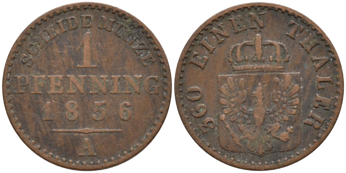 Пруссия 1 пфенниг 1856 A, Фридрих Вильгельм IV (1840-1861) KM 451 медь 4532-251