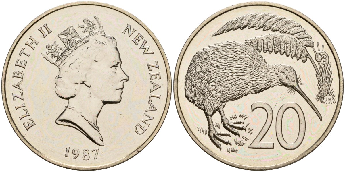 Новая Зеландия 20 центов 1987 Елизавета II (1952-2022), птичка киви KM 62 медно-никель PROOF 3711-1412