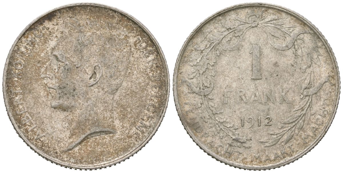 Бельгия 1 франк 1912 DER BELGEN, Альберт I (1909-1934) KM 72 серебро 4543-1157