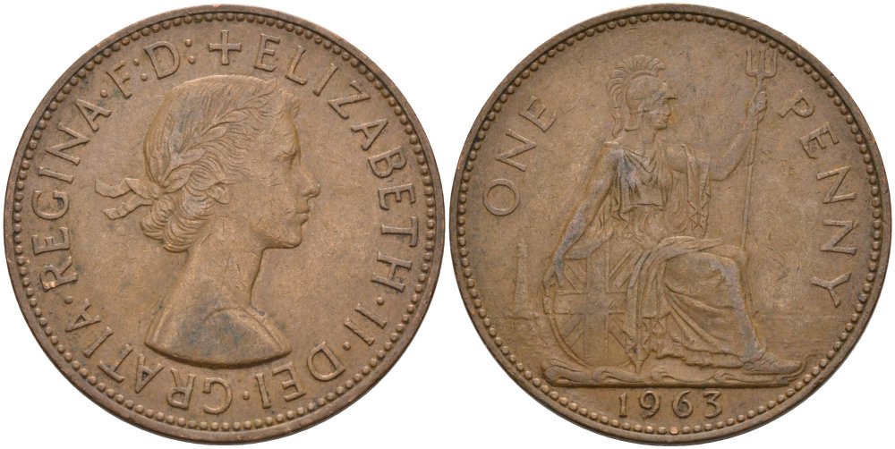 Великобритания 1 пенни 1963 Елизавета II (1952-2022) KM 897, Spink 4157 бронза 4574-216